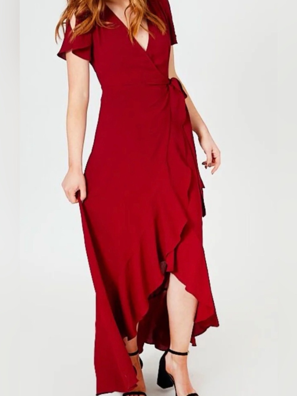 Altar'd State NWT Springvale Burgundy Wrap Maxi Dress Flutter Sleeve Tie Waist S